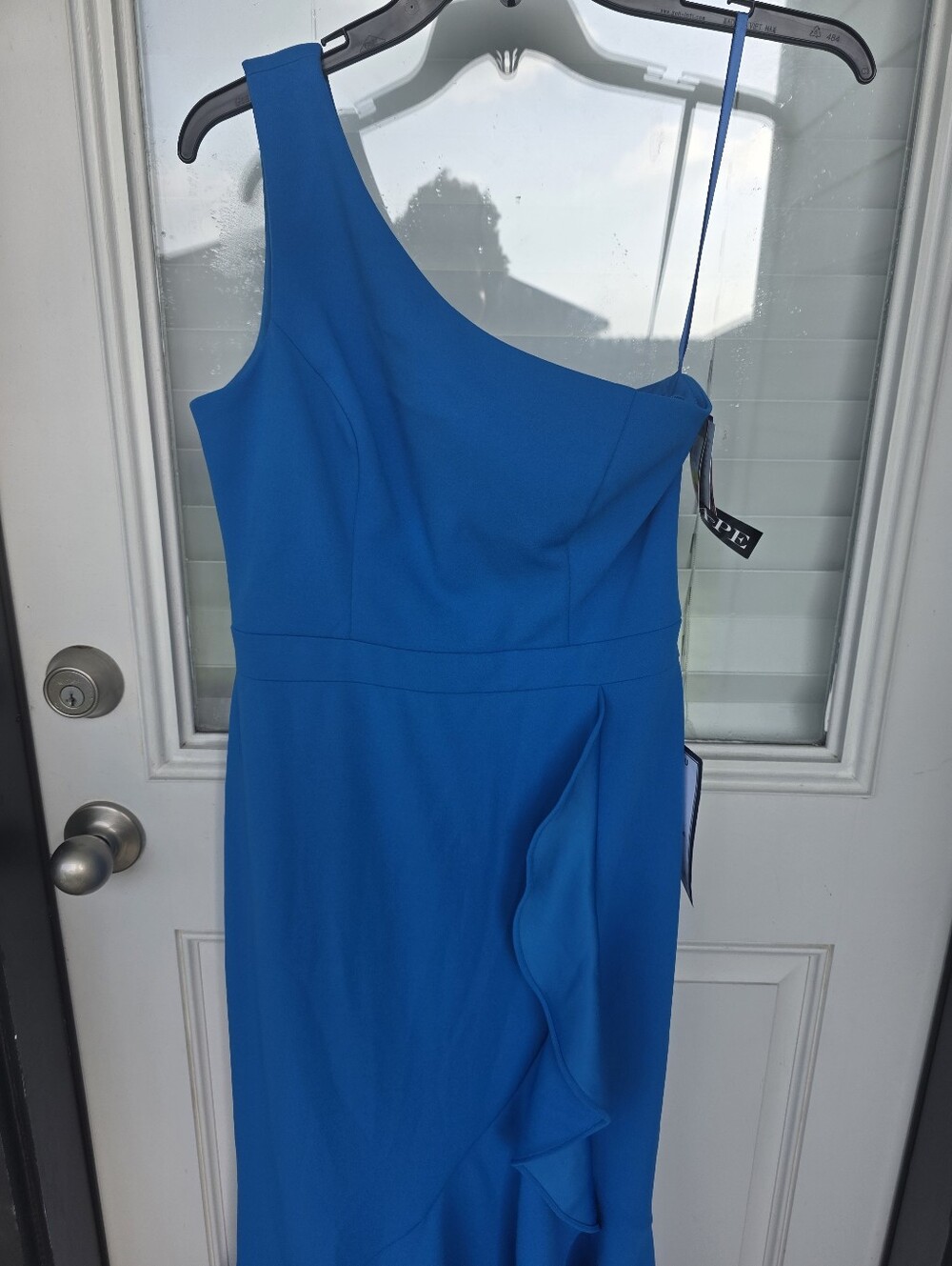 Xscape One Shoulder Ruffle Hem Midi Dress Blue Formal Cocktail Dress Size 6 $239 - Picture 4 of 10